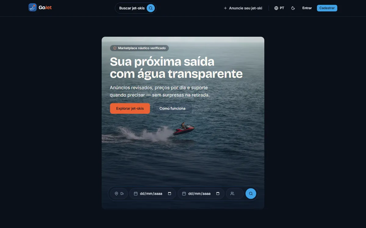 Página inicial do GoJet, com busca por destino e data sobre a foto de um jet-ski em movimento