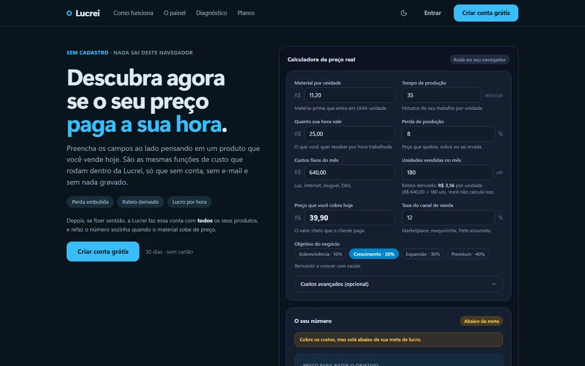 Calculadora pública da Lucrei, com os campos de custo preenchidos e o preço sugerido ao lado